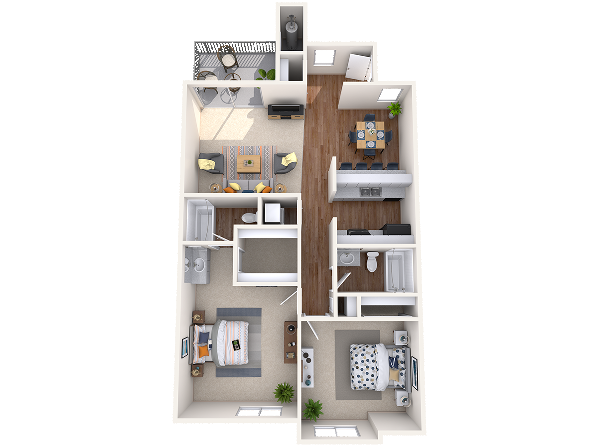 Floor plan for 2 beds, 2 baths, 1020 sqft